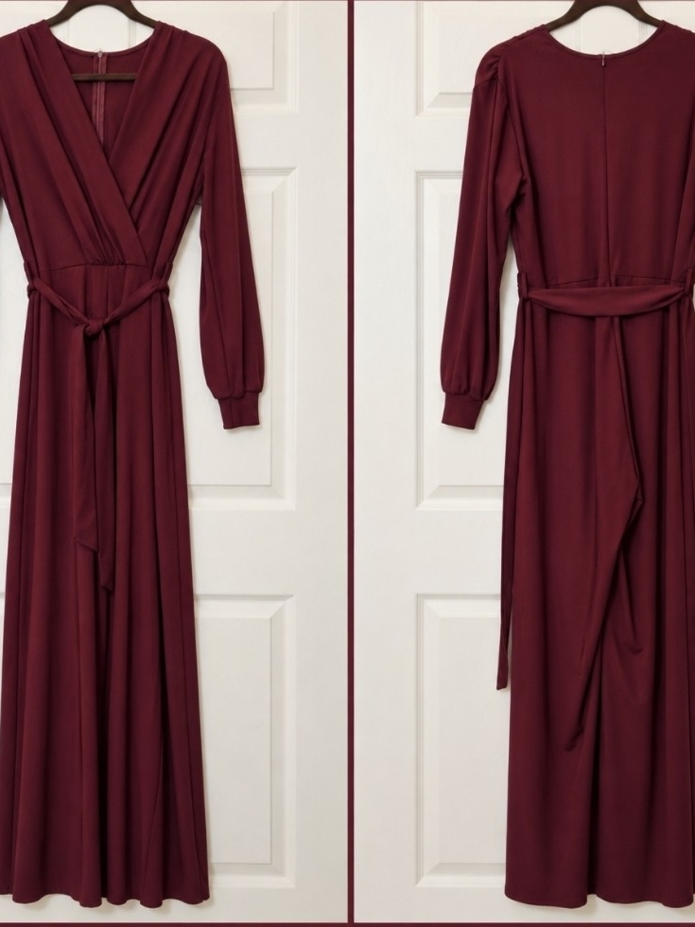 Long Sleeve Burgundy Wrap Jumpsuit with Waist Tie